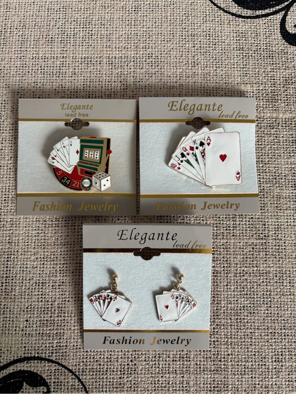 White Playing Cards Brooch and Earrings Set